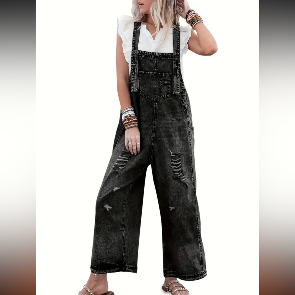 Women's casual denim overalls oversized loose, black adjustable fun capri style